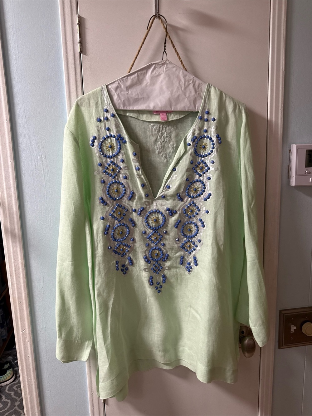 Lilly Pulitzer Light Green Embroidered V-Neck Tunic with Blue Accents